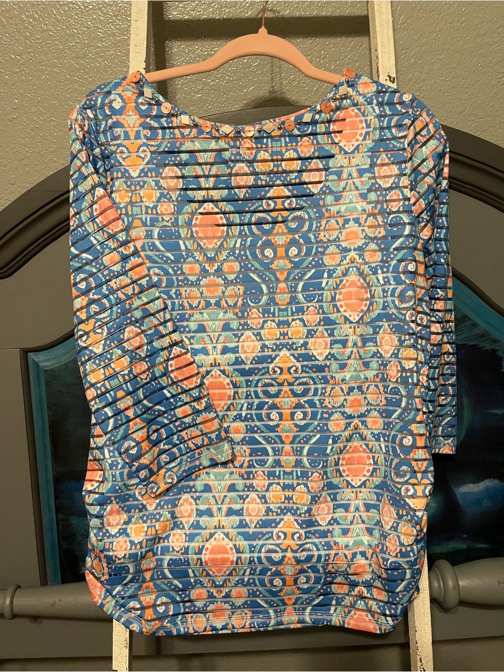 Ruby Rd. Blue and Coral Ikat-Style Blouse